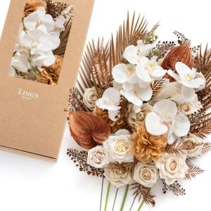 imageLings moment Fake Flowers Box Faux Artificial Greenery Stems Foam Roses Silk Leaves for Centerpieces Bouquet Wedding Floral Arrangements Bridal Shower Party Lavender ampamp Cream Deluxe ComboBegwhite  Brown