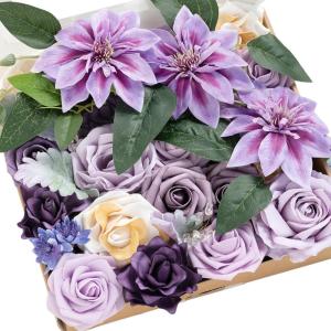 imageLings moment Fake Flowers Box Faux Artificial Greenery Stems Foam Roses Silk Leaves for Centerpieces Bouquet Wedding Floral Arrangements Bridal Shower Party Lavender ampamp Cream Deluxe ComboPrpllilac  Purple
