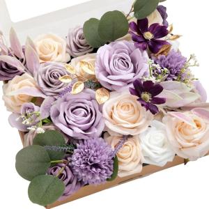 imageLings moment Fake Flowers Box Faux Artificial Greenery Stems Foam Roses Silk Leaves for Centerpieces Bouquet Wedding Floral Arrangements Bridal Shower Party Lavender ampamp Cream Deluxe ComboPrpllilac  Cream