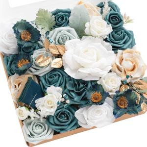 imageLings moment Fake Flowers Box Faux Artificial Greenery Stems Foam Roses Silk Leaves for Centerpieces Bouquet Wedding Floral Arrangements Bridal Shower Party Lavender ampamp Cream Deluxe ComboGrnwhite  Teal