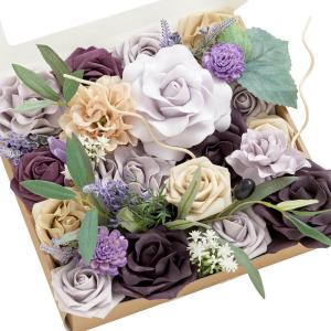 imageLings moment Fake Flowers Box Faux Artificial Greenery Stems Foam Roses Silk Leaves for Centerpieces Bouquet Wedding Floral Arrangements Bridal Shower Party Lavender ampamp Cream Deluxe ComboPrpllavender  Plum