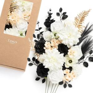 imageLings moment Fake Flowers Box Faux Artificial Greenery Stems Foam Roses Silk Leaves for Centerpieces Bouquet Wedding Floral Arrangements Bridal Shower Party Lavender ampamp Cream Deluxe ComboWhtwhite  Black  Golden