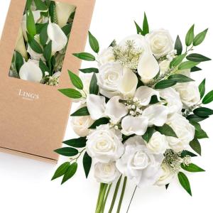 imageLings moment Fake Flowers Box Faux Artificial Greenery Stems Foam Roses Silk Leaves for Centerpieces Bouquet Wedding Floral Arrangements Bridal Shower Party Lavender ampamp Cream Deluxe ComboWhtwhite  Green