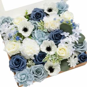 imageLings moment Fake Flowers Box Faux Artificial Greenery Stems Foam Roses Silk Leaves for Centerpieces Bouquet Wedding Floral Arrangements Bridal Shower Party Lavender ampamp Cream Deluxe ComboBludusty Blue  Navy  Ivory
