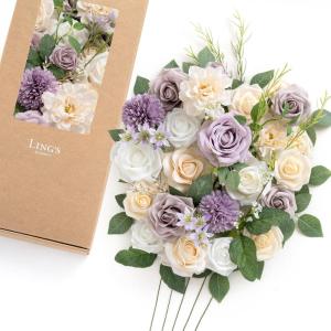 imageLings moment Fake Flowers Box Faux Artificial Greenery Stems Foam Roses Silk Leaves for Centerpieces Bouquet Wedding Floral Arrangements Bridal Shower Party Lavender ampamp Cream Deluxe ComboPrpllavender  Cream