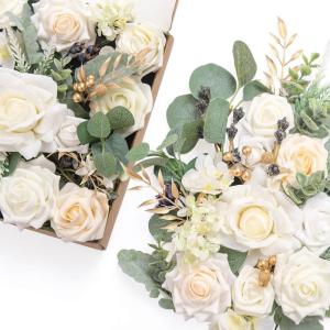 imageLings moment Fake Flowers Box Faux Artificial Greenery Stems Foam Roses Silk Leaves for Centerpieces Bouquet Wedding Floral Arrangements Bridal Shower Party Lavender ampamp Cream Deluxe ComboWhtwhite  Sage  Gold