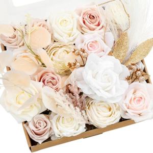 imageLings moment Fake Flowers Box Faux Artificial Greenery Stems Foam Roses Silk Leaves for Centerpieces Bouquet Wedding Floral Arrangements Bridal Shower Party Lavender ampamp Cream Deluxe ComboBegwhite  Beige