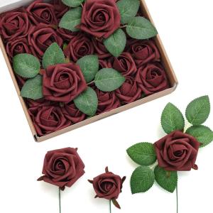 imageLings moment Artificial Flowers 15quot and 2quot Dusty Rose 25pcs Realistic Rose Buds and Petite Roses wStem for DIY Wedding Bouquets Centerpieces Boutonniere Corsages Flower DecorationsBurgundy