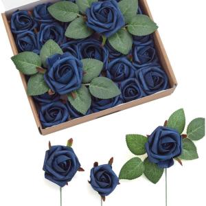 imageLings moment Artificial Flowers 15quot and 2quot Dusty Rose 25pcs Realistic Rose Buds and Petite Roses wStem for DIY Wedding Bouquets Centerpieces Boutonniere Corsages Flower DecorationsNavy Blue