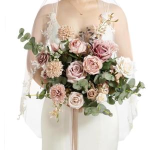 imageLings Moment 13 Inch Artificial Wedding Bouquets for Bride Bridal Bouquet Bridesmaid Bouquet Tossing Bouquet for Wedding Ceremony Anniversary Bridal ShowerPkdusty Rose  Cream 02