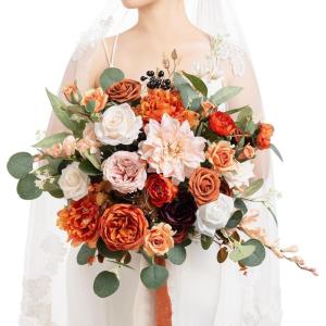 imageLings Moment 13 Inch Artificial Wedding Bouquets for Bride Bridal Bouquet Bridesmaid Bouquet Tossing Bouquet for Wedding Ceremony Anniversary Bridal ShowerOrsunset Terracotta