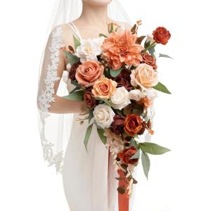 imageLings moment Terracotta Bridal Bouquet Cascading Burnt Orange Wedding Bouquets for Bride 13 Inch Bride Bouquets for Wedding Artificial Flowers BouquetsOrsunset Terracotta