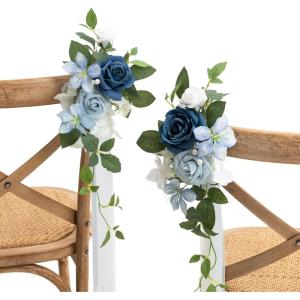 imageLings moment 8 Wedding Artificial Aisle Pew Flowers Chair Decorations Arrangements with Chiffon Ribbons Bordeaux Red for Ceremony Reception Chair Back Floral Decor Reception Church Party OutdoorBludusty Blue