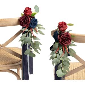 imageLings moment 8 Wedding Artificial Aisle Pew Flowers Chair Decorations Arrangements with Chiffon Ribbons Bordeaux Red for Ceremony Reception Chair Back Floral Decor Reception Church Party OutdoorBluburgundy  Navy