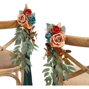 imageLings moment 8 Wedding Artificial Aisle Pew Flowers Chair Decorations Arrangements with Chiffon Ribbons Bordeaux Red for Ceremony Reception Chair Back Floral Decor Reception Church Party OutdoorOr Dark Teal  Burnt Orange