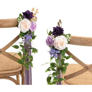 imageLings moment 8 Wedding Artificial Aisle Pew Flowers Chair Decorations Arrangements with Chiffon Ribbons Bordeaux Red for Ceremony Reception Chair Back Floral Decor Reception Church Party OutdoorPr Lilac  Gold