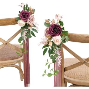 imageLings moment 8 Wedding Artificial Aisle Pew Flowers Chair Decorations Arrangements with Chiffon Ribbons Bordeaux Red for Ceremony Reception Chair Back Floral Decor Reception Church Party OutdoorRed Marsala  Blush
