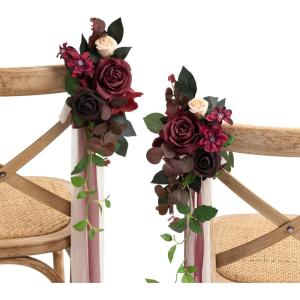imageLings moment 8 Wedding Artificial Aisle Pew Flowers Chair Decorations Arrangements with Chiffon Ribbons Bordeaux Red for Ceremony Reception Chair Back Floral Decor Reception Church Party OutdoorRedbordeaux Red