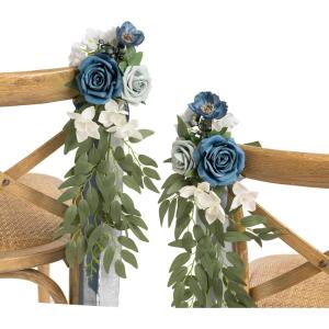 imageLings moment 8 Wedding Artificial Aisle Pew Flowers Chair Decorations Arrangements with Chiffon Ribbons Bordeaux Red for Ceremony Reception Chair Back Floral Decor Reception Church Party OutdoorBlu Dusty Blue  Navy