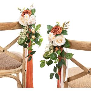 imageLings moment 8 Wedding Artificial Aisle Pew Flowers Chair Decorations Arrangements with Chiffon Ribbons Bordeaux Red for Ceremony Reception Chair Back Floral Decor Reception Church Party OutdoorOr Sunset Terracotta