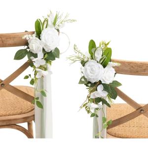 imageLings moment 8 Wedding Artificial Aisle Pew Flowers Chair Decorations Arrangements with Chiffon Ribbons Bordeaux Red for Ceremony Reception Chair Back Floral Decor Reception Church Party OutdoorWhtlily White