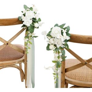 imageLings moment 8 Wedding Artificial Aisle Pew Flowers Chair Decorations Arrangements with Chiffon Ribbons Bordeaux Red for Ceremony Reception Chair Back Floral Decor Reception Church Party OutdoorWht White  Sage