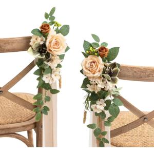 imageLings moment 8 Wedding Artificial Aisle Pew Flowers Chair Decorations Arrangements with Chiffon Ribbons Bordeaux Red for Ceremony Reception Chair Back Floral Decor Reception Church Party OutdoorOrapricot Sage