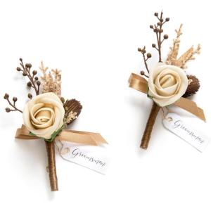 imageLings moment Boutonniere for Men 2pcs Groom Groomsmen Guest Boutonniere Artificial Flowers for WeddingPromHomecoming etcBurnt Orange TerracottaBrnbrown  Beige
