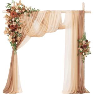 imageLings moment Wedding Arch Flowers with Drapes KitPack of 5 2pcs Flower Arrangements 3pcs Sheer Hanging Drapes Ceremony Arbor Backdrop Artificial Rose Floral Decor Terracotta ampamp Burnt OrangeBrnwalnut Brown
