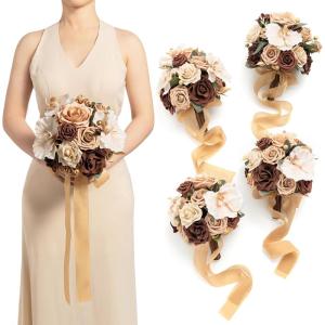 imageLings moment Artificial Bridesmaid Bouquets Set of 4Marsala Wedding Flower Bouquets White Floral Bouquet Blush Bridal Bouquets with RibbonCeremonyAnniversary7inch DiameterWalnut Brown