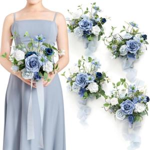 imageLings moment Artificial Bridesmaid Bouquets Set of 4Marsala Wedding Flower Bouquets White Floral Bouquet Blush Bridal Bouquets with RibbonCeremonyAnniversary7inch DiameterBludusty Blue