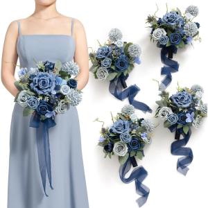 imageLings moment Artificial Bridesmaid Bouquets Set of 4Marsala Wedding Flower Bouquets White Floral Bouquet Blush Bridal Bouquets with RibbonCeremonyAnniversary7inch DiameterBlunavy Blue  Dusty Blue