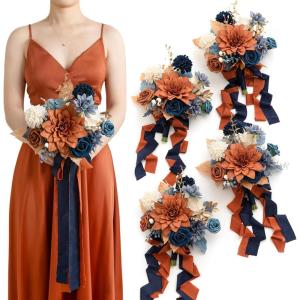 imageLings moment Artificial Bridesmaid Bouquets Set of 4Marsala Wedding Flower Bouquets White Floral Bouquet Blush Bridal Bouquets with RibbonCeremonyAnniversary7inch DiameterOrorange  Navy Blue