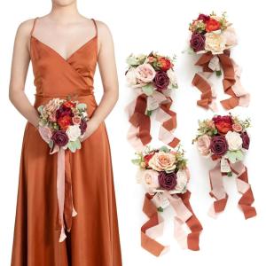 imageLings moment Artificial Bridesmaid Bouquets Set of 4Marsala Wedding Flower Bouquets White Floral Bouquet Blush Bridal Bouquets with RibbonCeremonyAnniversary7inch DiameterOrburnt Orange