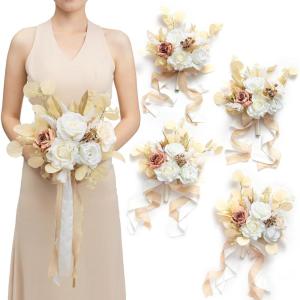 imageLings moment Artificial Bridesmaid Bouquets Set of 4Marsala Wedding Flower Bouquets White Floral Bouquet Blush Bridal Bouquets with RibbonCeremonyAnniversary7inch DiameterWhtwhite  Beige
