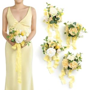 imageLings moment Artificial Bridesmaid Bouquets Set of 4Marsala Wedding Flower Bouquets White Floral Bouquet Blush Bridal Bouquets with RibbonCeremonyAnniversary7inch DiameterYlwcreamy Yellow