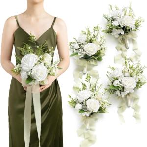 imageLings moment Artificial Bridesmaid Bouquets Set of 4Marsala Wedding Flower Bouquets White Floral Bouquet Blush Bridal Bouquets with RibbonCeremonyAnniversary7inch DiameterWhtlily of the Valley White