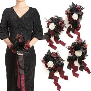 imageLings moment Artificial Bridesmaid Bouquets Set of 4Marsala Wedding Flower Bouquets White Floral Bouquet Blush Bridal Bouquets with RibbonCeremonyAnniversary7inch DiameterRedburgundy Red  Black