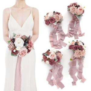 imageLings moment Artificial Bridesmaid Bouquets Set of 4Marsala Wedding Flower Bouquets White Floral Bouquet Blush Bridal Bouquets with RibbonCeremonyAnniversary7inch DiameterPkdusty Rose  Mauve