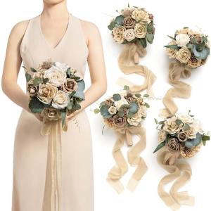 imageLings moment Artificial Bridesmaid Bouquets Set of 4Marsala Wedding Flower Bouquets White Floral Bouquet Blush Bridal Bouquets with RibbonCeremonyAnniversary7inch DiameterBrbeige