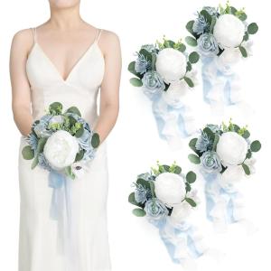 imageLings moment Artificial Bridesmaid Bouquets Set of 4Marsala Wedding Flower Bouquets White Floral Bouquet Blush Bridal Bouquets with RibbonCeremonyAnniversary7inch DiameterBludusty Blue  Navy