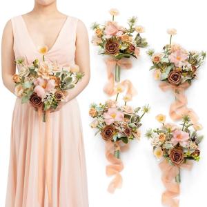 imageLings moment Artificial Bridesmaid Bouquets Set of 4Marsala Wedding Flower Bouquets White Floral Bouquet Blush Bridal Bouquets with RibbonCeremonyAnniversary7inch DiameterOryellow Apricot  Peach
