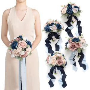 imageLings moment Artificial Bridesmaid Bouquets Set of 4Marsala Wedding Flower Bouquets White Floral Bouquet Blush Bridal Bouquets with RibbonCeremonyAnniversary7inch DiameterPkdusty Rose  Navy