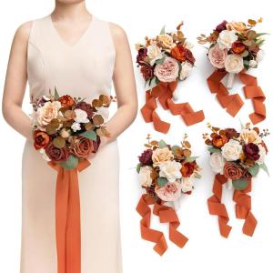 imageLings moment Artificial Bridesmaid Bouquets Set of 4Marsala Wedding Flower Bouquets White Floral Bouquet Blush Bridal Bouquets with RibbonCeremonyAnniversary7inch DiameterOrburnt Orange  Scarlet Red