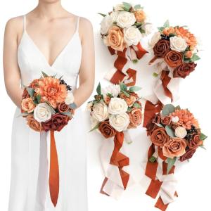 imageLings moment Artificial Bridesmaid Bouquets Set of 4Marsala Wedding Flower Bouquets White Floral Bouquet Blush Bridal Bouquets with RibbonCeremonyAnniversary7inch DiameterOrgradual Terracotta