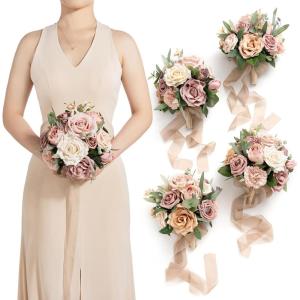 imageLings moment Artificial Bridesmaid Bouquets Set of 4Marsala Wedding Flower Bouquets White Floral Bouquet Blush Bridal Bouquets with RibbonCeremonyAnniversary7inch DiameterPkdusty Rose  Gold