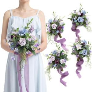 imageLings moment Artificial Bridesmaid Bouquets Set of 4Marsala Wedding Flower Bouquets White Floral Bouquet Blush Bridal Bouquets with RibbonCeremonyAnniversary7inch DiameterPrpldeep Plum