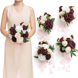 imageLings moment Artificial Bridesmaid Bouquets Set of 4Marsala Wedding Flower Bouquets White Floral Bouquet Blush Bridal Bouquets with RibbonCeremonyAnniversary7inch DiameterRedmarsala  Cream