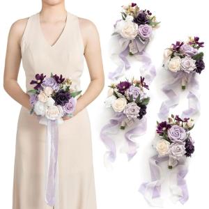 imageLings moment Artificial Bridesmaid Bouquets Set of 4Marsala Wedding Flower Bouquets White Floral Bouquet Blush Bridal Bouquets with RibbonCeremonyAnniversary7inch DiameterPrpllilac  Gold