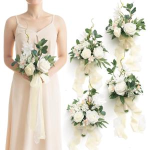 imageLings moment Artificial Bridesmaid Bouquets Set of 4Marsala Wedding Flower Bouquets White Floral Bouquet Blush Bridal Bouquets with RibbonCeremonyAnniversary7inch DiameterWhtwhite  Ivory